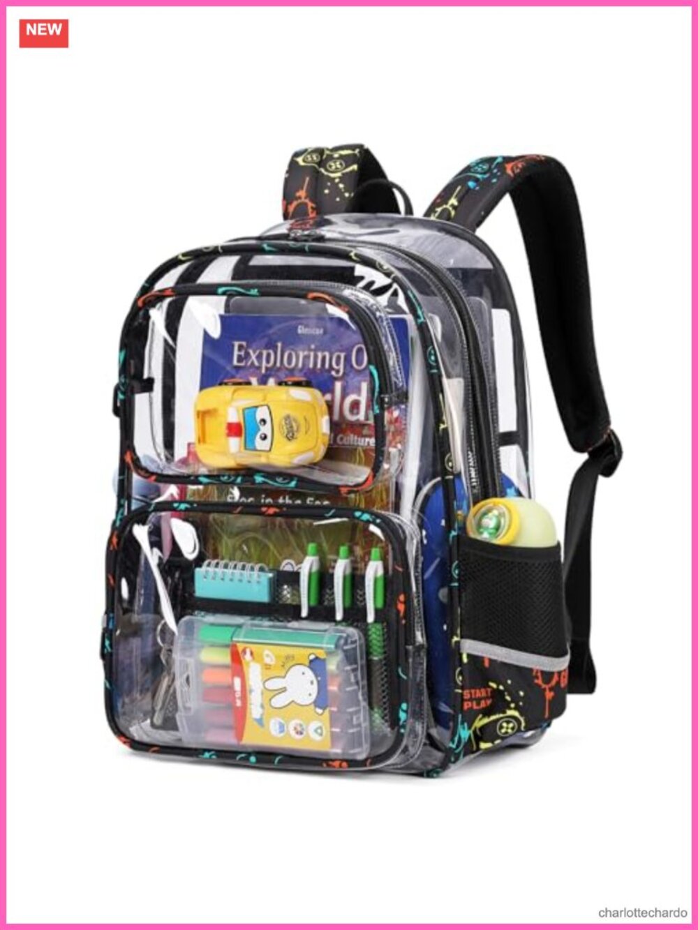 Clear Heavy Duty PVC Transparent Backpack with Game Print, School Laptop Bag